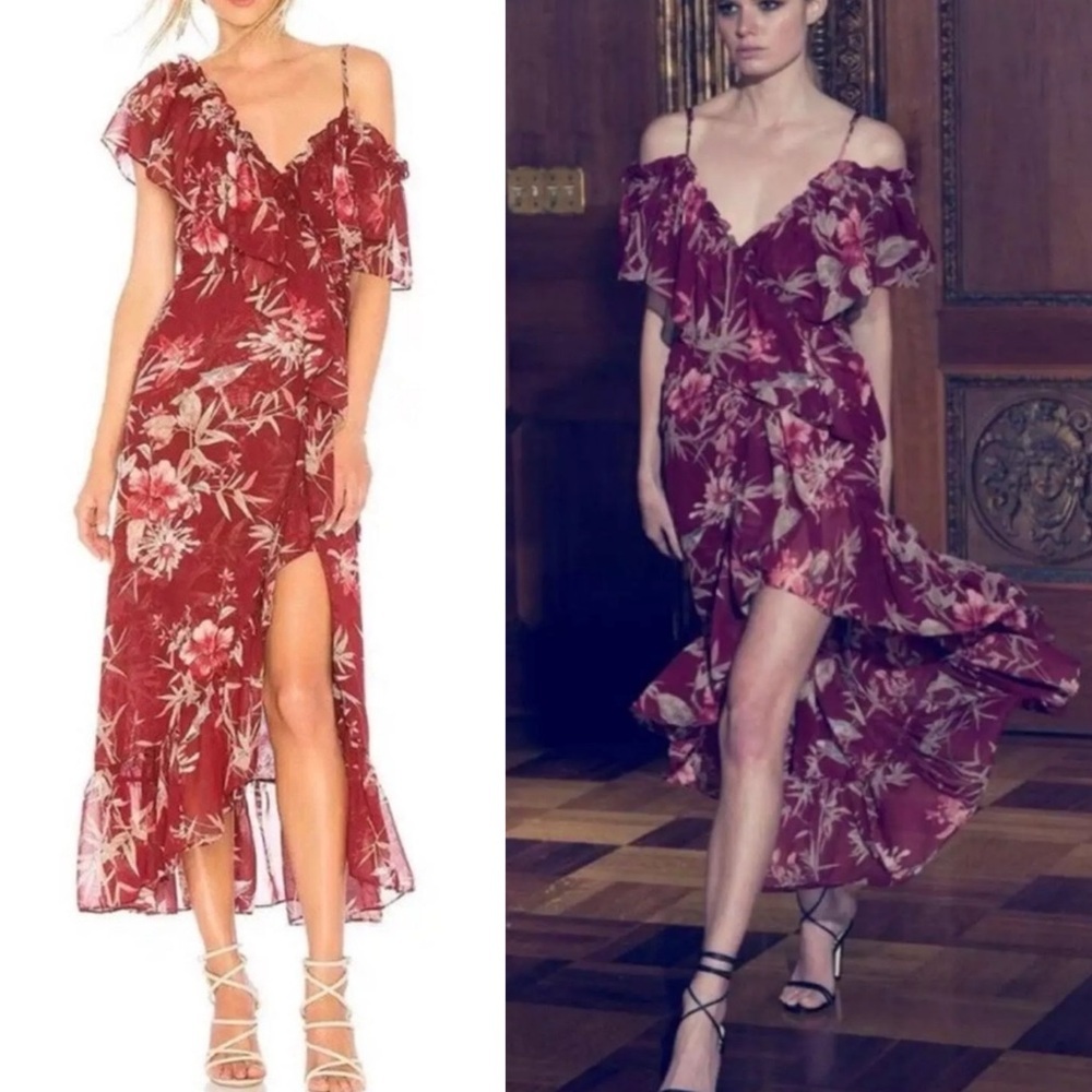 MISA Los Angeles Talya Floral Ruffle Cascade Wrap Midi Dress Small